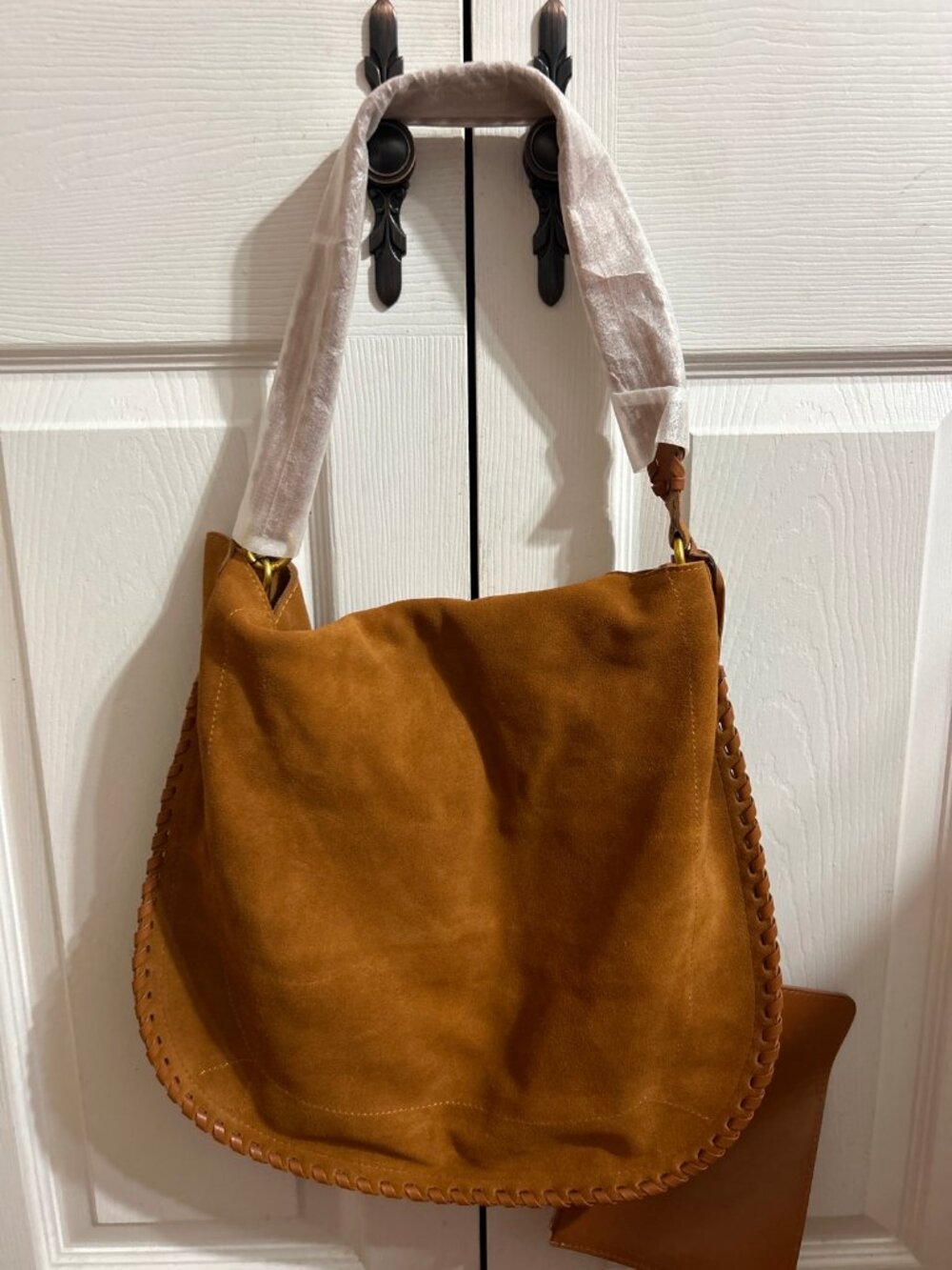 Y2K Boho Suede Hobo Bag – Cognac Brown Shoulder Bag with Braided Trim